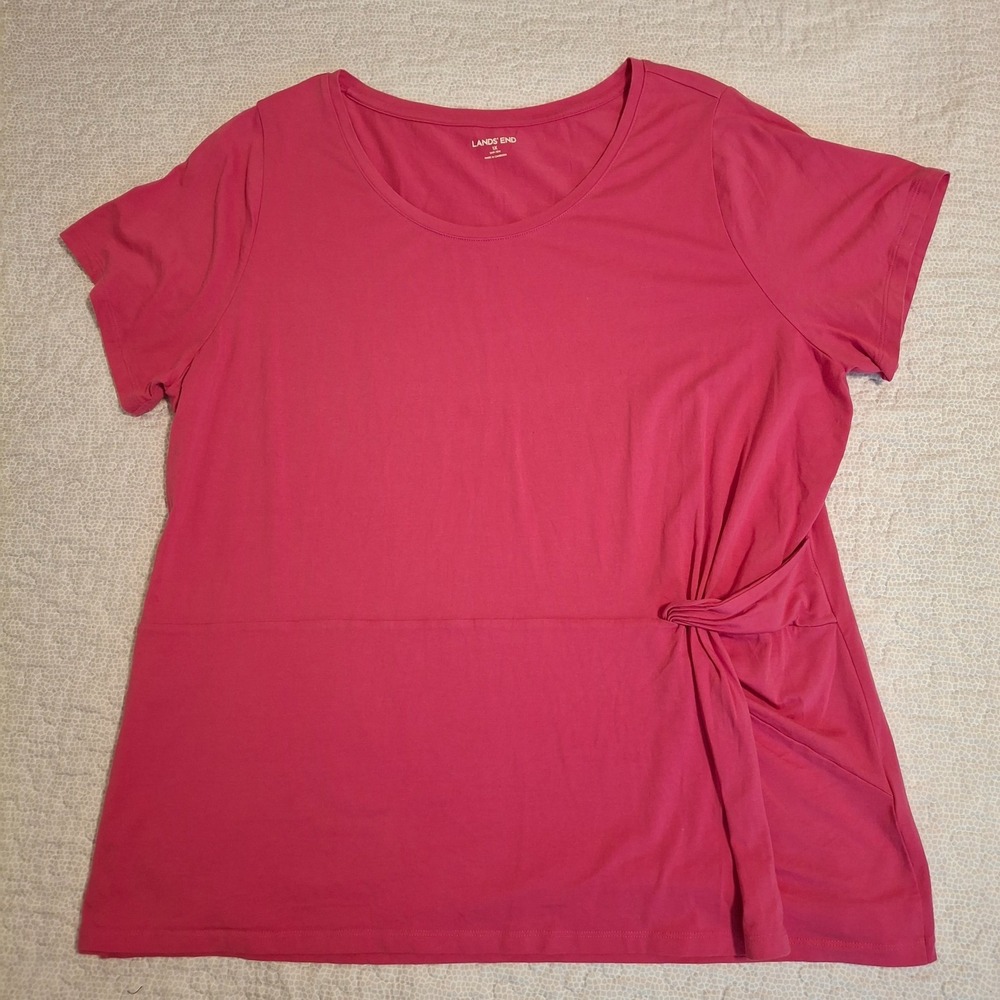 Lands' End Womens 1X Short Sleeve T-Shirt Pink Side Tie Knot Stretch Scoop Neck
